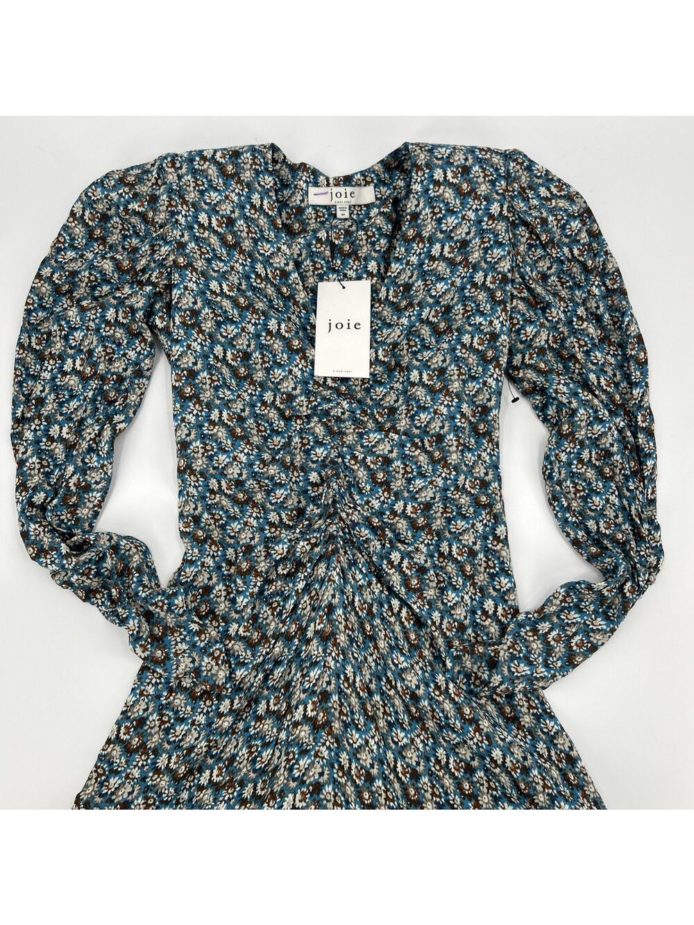 Joie Haruko Ruched Midi Dress Womens Size 00 Floral Blue Shoulder Pads NWT